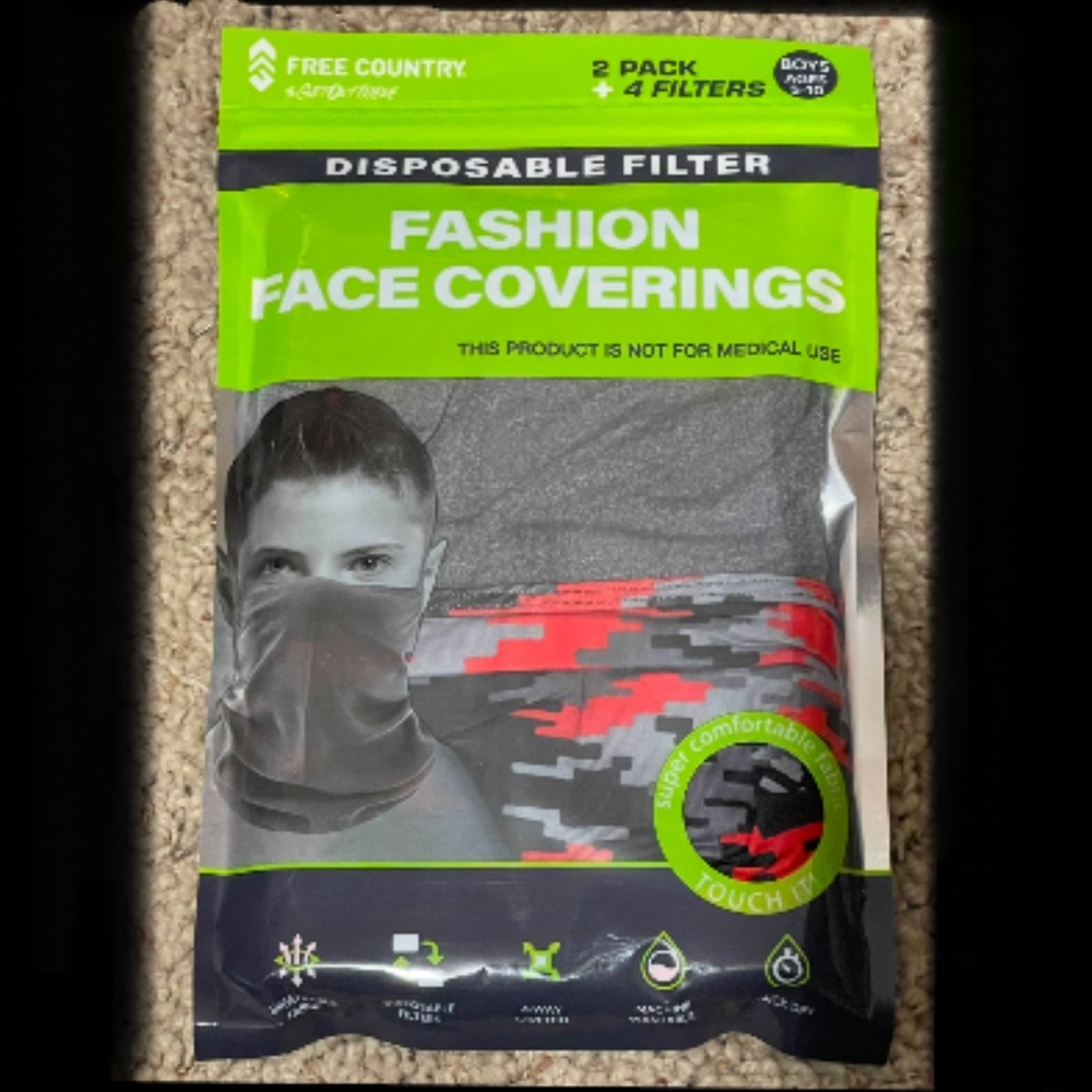 NWT  "Free Country" BOYS (2) Fashion Face Coverings + (4) Disposable Filters